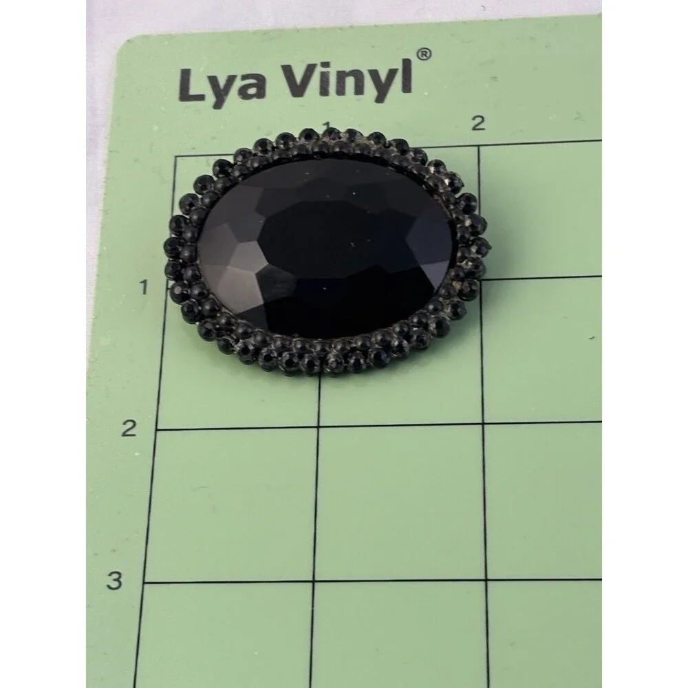 Vintage Retro HAR Black Cut Glass Cab Black Rhinestone Japanned 2” Oval Brooch